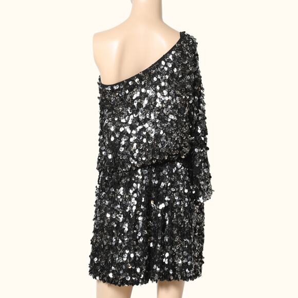 TIBI Black One Shoulder Silk Sequin Mini Dress - Picture 5 of 12